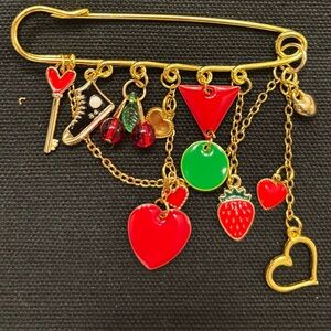 New fun Gold and Red Charm Safety Pin Brooch hearts fruit sneaker